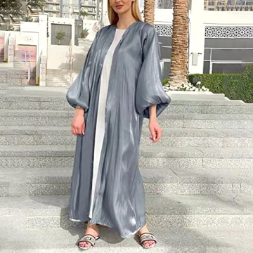 Elegant Women Long Sleeve Silk Muslim Abaya Dress