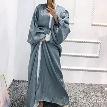Elegant Women Long Sleeve Silk Muslim Abaya Dress