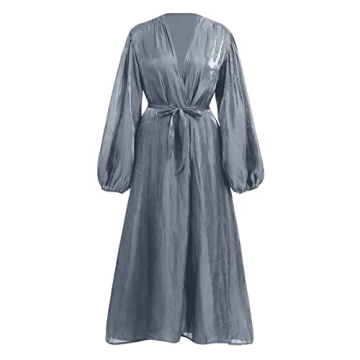 Elegant Women Long Sleeve Silk Muslim Abaya Dress