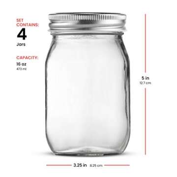 Glass Regular Mouth Mason Jars, 16 Ounce (4 Pack) Glass Jars with Silver Metal Airtight 1 Piece Lids for Meal Prep, Food Storage, Canning, Drinking, Overnight Oats, Jelly, Dry Food, Salads, Yogurt