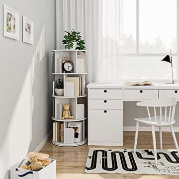 OTK Rotating Bookshelf, 360° Display Standing Book Shelf Organizer, 4 Tier Wooden Corner Bookshelves for Small Space, Small Bookcase Storage Rack for Kids' Room, StudyRoom, Bedroom, White