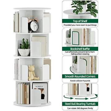 OTK Rotating Bookshelf, 360° Display Standing Book Shelf Organizer, 4 Tier Wooden Corner Bookshelves for Small Space, Small Bookcase Storage Rack for Kids' Room, StudyRoom, Bedroom, White