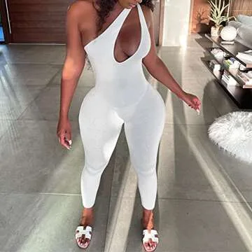 SHESEEWORLD Women's Sexy Cutout Sleeveless One Shoulder Bodycon Backless Party Short Long Jumpsuits Romper