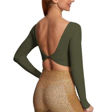 Aoxjox Long Sleeve Crop Tops for Women Emma Twist Back Workout Cropped T Shirt Top (Olive Green, Small)