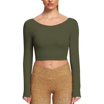 Aoxjox Long Sleeve Crop Tops for Women Emma Twist Back Workout Cropped T Shirt Top (Olive Green, Small)