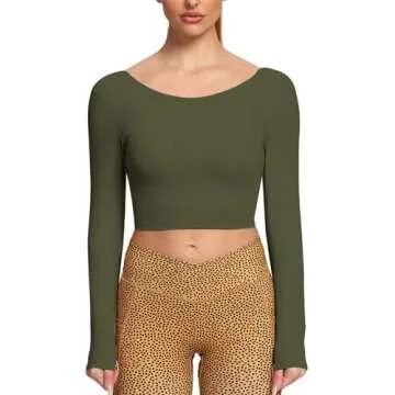Aoxjox Long Sleeve Crop Tops for Women Emma Twist Back Workout Cropped T Shirt Top (Olive Green, Small)