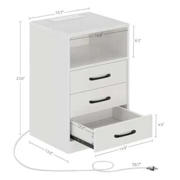 Seventable Nightstand with Wireless Charging Station and LED Lights, Modern End Side Table with 3 Drawers and Open Compartment for Bedroom, White