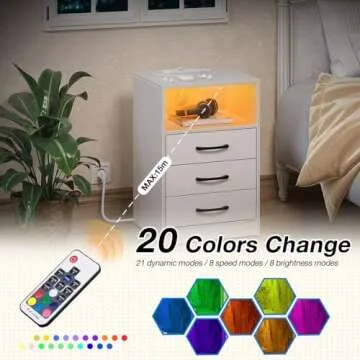 Seventable Nightstand with Wireless Charging Station and LED Lights, Modern End Side Table with 3 Drawers and Open Compartment for Bedroom, White