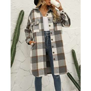 FindThy Women’s Casual Long Plaid Shirt Coat Lapel Button Down Wool Blend Checked Maxi Shacket - S...