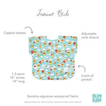 Bumkins Disney Short Sleeve Bib for Girl or Boy, Toddler and Kids for 1-3 Years, Large Size, Essential Must Have for Junior Children, Eating, Mess Saving Soft Fabric Apron for Play, Winnie the Pooh