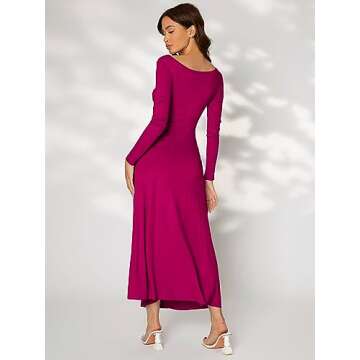 Floerns Women's Solid Boat Neck Long Sleeve Ruched Side Party A Line Long Dress Hot Pink XS