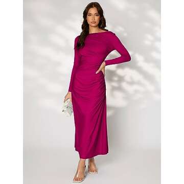 Floerns Women's Solid Boat Neck Long Sleeve Ruched Side Party A Line Long Dress Hot Pink XS
