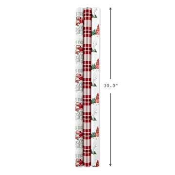 Hallmark Holiday Wrapping Paper Rolls - Rustic Christmas Gift Wrap Paper (Set of 3 Reversible Rolls: 120 sq. ft. ttl.) Plaid, Barn, Red Truck, Moose, Woodland Scenes