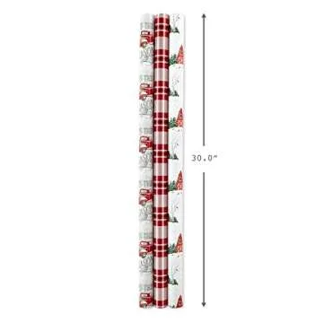 Hallmark Holiday Wrapping Paper Rolls - Rustic Christmas Gift Wrap Paper (Set of 3 Reversible Rolls: 120 sq. ft. ttl.) Plaid, Barn, Red Truck, Moose, Woodland Scenes
