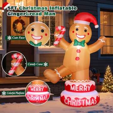 Thanger 5 FT Christmas Inflatable Outdoor Decorations Gingerbread Man with Xmas Hat, Blow up Gingerbread Man with Cane Candy, Built-in LED Lights for Lawn Yard Garden Holiday Indoor Home Party Decor