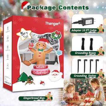 Thanger 5 FT Christmas Inflatable Outdoor Decorations Gingerbread Man with Xmas Hat, Blow up Gingerbread Man with Cane Candy, Built-in LED Lights for Lawn Yard Garden Holiday Indoor Home Party Decor