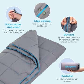 KingCamp Camping Blanket Lightweight, Multifunctional Warm Puffy Outdoor Blanket with Snap Button, Water Repellent, Backpacking Quilt for Travel, Airplane, Hiking, Picnic