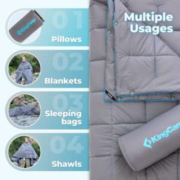 KingCamp Camping Blanket Lightweight, Multifunctional Warm Puffy Outdoor Blanket with Snap Button, Water Repellent, Backpacking Quilt for Travel, Airplane, Hiking, Picnic