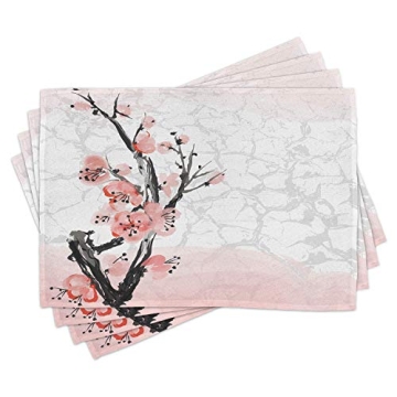Lunarable Floral Place Mats Set of 4, Japanese Cherry Blossom Sakura Tree Branch Soft Pastel Waterco...