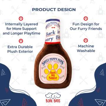 Bark Bros - Sauce Bottle Dog Toys - Plush Squeaky Dog Toys Funny Parody - Dog Birthday Toy - Cute Dog Toys - Puppy Toys - Puppy Gifts - Dog Toys for Small, Medium, Large Dogs (Sweet Puppy Paws BBQ)