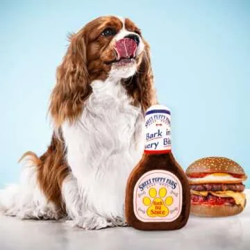 Bark Bros - Sauce Bottle Dog Toys - Plush Squeaky Dog Toys Funny Parody - Dog Birthday Toy - Cute Dog Toys - Puppy Toys - Puppy Gifts - Dog Toys for Small, Medium, Large Dogs (Sweet Puppy Paws BBQ)