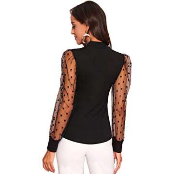 Verdusa Women's Polka Dots Sheer Mesh Long Sleeve Mock Neck Blouse (Small, Black)