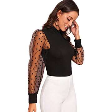 Verdusa Women's Polka Dots Sheer Mesh Long Sleeve Mock Neck Blouse (Small, Black)