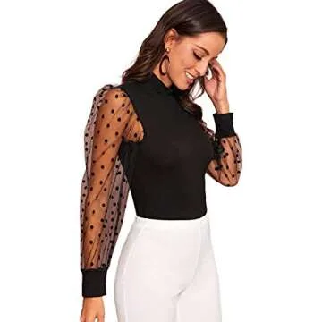 Verdusa Women's Polka Dots Sheer Mesh Long Sleeve Mock Neck Blouse (Small, Black)