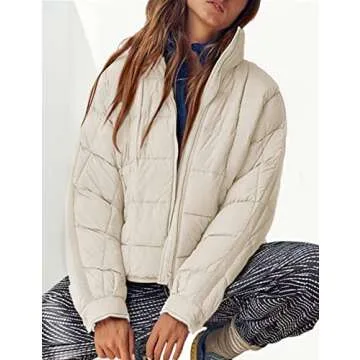 Bianstore Women's Oversized Splice Quilted Lightweight Puffer Jacket Casual Padded Coat(Khaki-XL)