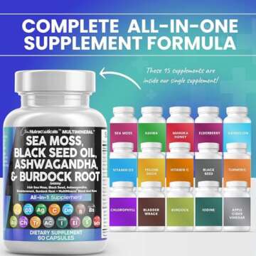Clean Nutraceuticals Sea Moss Black Seed Oil Ashwagandha Turmeric Bladderwrack Burdock & Vitamin C Vitamin D3 with Elderberry Manuka Dandelion Yellow Dock Iodine Chlorophyll ACV - 2Pack
