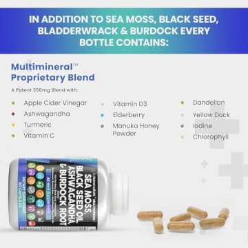 Clean Nutraceuticals Sea Moss Black Seed Oil Ashwagandha Turmeric Bladderwrack Burdock & Vitamin C Vitamin D3 with Elderberry Manuka Dandelion Yellow Dock Iodine Chlorophyll ACV - 2Pack