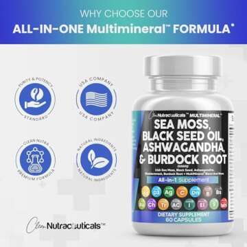 Clean Nutraceuticals Sea Moss Black Seed Oil Ashwagandha Turmeric Bladderwrack Burdock & Vitamin C Vitamin D3 with Elderberry Manuka Dandelion Yellow Dock Iodine Chlorophyll ACV - 2Pack