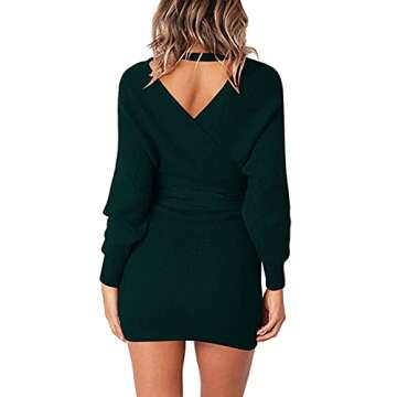 Viottiset Women's V Neck Long Batwing Sleeve Wrap Midi Knit Sweater Dress Elegant Backless with Belt Slit