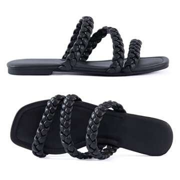 Mtzyoa Women Flat Sandals Braided Strap Black Size 6 Leather Summer Slip on Square toe Slide Sandals