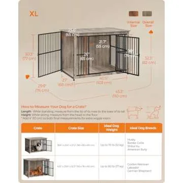 Feandrea Dog Crate Furniture, 43.3" Side End Table, Modern Kennel for Dogs Indoor up to 80 lb, Heavy-Duty Dog Cage with Enclosed Base, Double-Door Dog House, Heather Greige UPFC024G01
