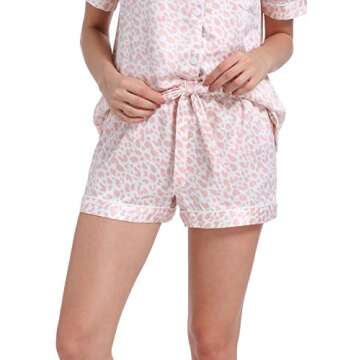 Serenedelicacy Women's Satin Pajama Set 2-Piece Sleepwear Loungewear Button Down Short Sleeve Silky PJ Set (Medium, Blush, Leopard)