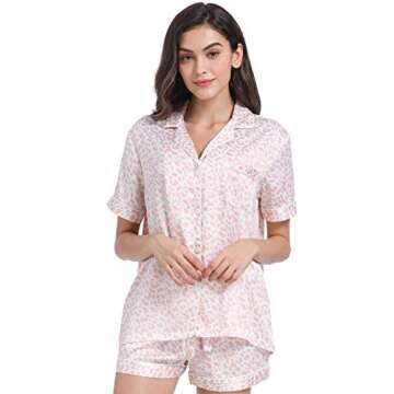 Serenedelicacy Women's Satin Pajama Set 2-Piece Sleepwear Loungewear Button Down Short Sleeve Silky PJ Set (Medium, Blush, Leopard)