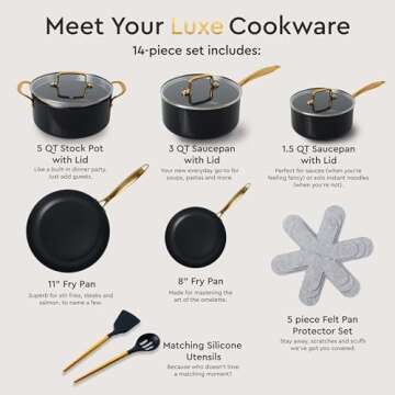 Black and Gold Pots and Pans Set Nonstick - 15-Piece Black Cookware Set, Non-Toxic, Induction Compat...