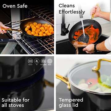 Black and Gold Pots and Pans Set Nonstick - 15-Piece Black Cookware Set, Non-Toxic, Induction Compatible, PFOA-Free, with Gold Kitchen Utensils for Stylish Everyday Cooking - Gold Kitchen Accessories