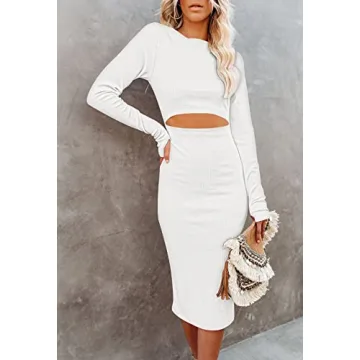 Ceuplon Women's Crew Neck Long Sleeve Midi Dress - White XL