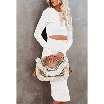 Ceuplon Women's Crew Neck Long Sleeve Midi Dress - White XL