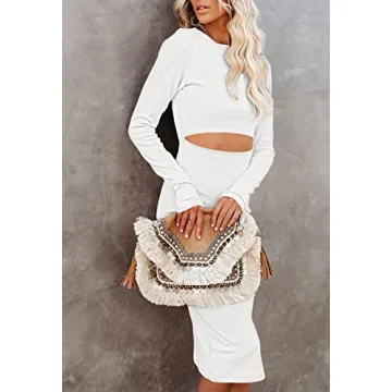 Ceuplon Women's Crew Neck Long Sleeve Midi Dress - White XL