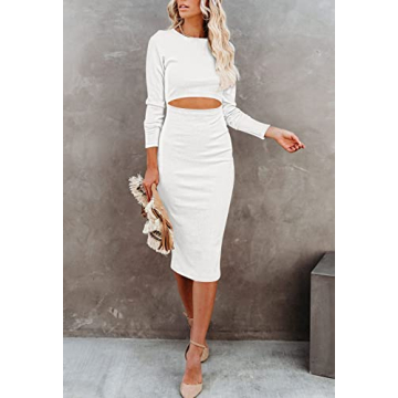 Ceuplon Women's Crew Neck Long Sleeve Midi Dress - White XL