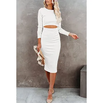 Ceuplon Women's Crew Neck Long Sleeve Midi Dress - White XL