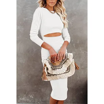 Ceuplon Women's Crew Neck Long Sleeve Midi Dress - White XL