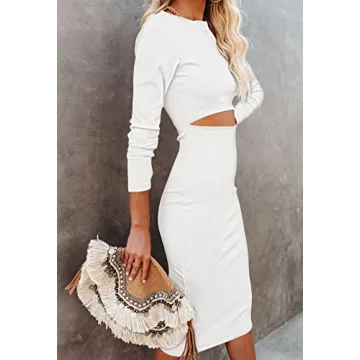 Ceuplon Women's Crew Neck Long Sleeve Midi Dress - White XL