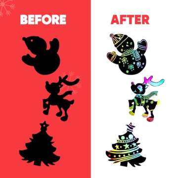 JOYIN 72 Pcs Christmas Scratch Art Ornaments, Rainbow Color Scratch Paper Craft Kit Include Snowman, Christmas Tree, and Reindeer, Scratch Off Hanging Ornament for Kids Party Favor