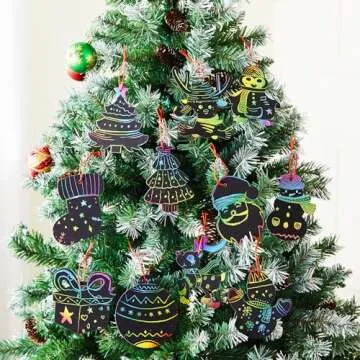 JOYIN 72 Pcs Christmas Scratch Art Ornaments, Rainbow Color Scratch Paper Craft Kit Include Snowman, Christmas Tree, and Reindeer, Scratch Off Hanging Ornament for Kids Party Favor