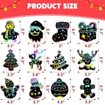 JOYIN 72 Pcs Christmas Scratch Art Ornaments, Rainbow Color Scratch Paper Craft Kit Include Snowman, Christmas Tree, and Reindeer, Scratch Off Hanging Ornament for Kids Party Favor