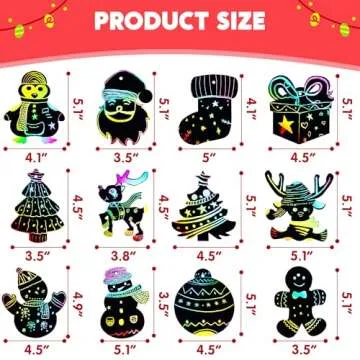 JOYIN 72 Pcs Christmas Scratch Art Ornaments, Rainbow Color Scratch Paper Craft Kit Include Snowman, Christmas Tree, and Reindeer, Scratch Off Hanging Ornament for Kids Party Favor